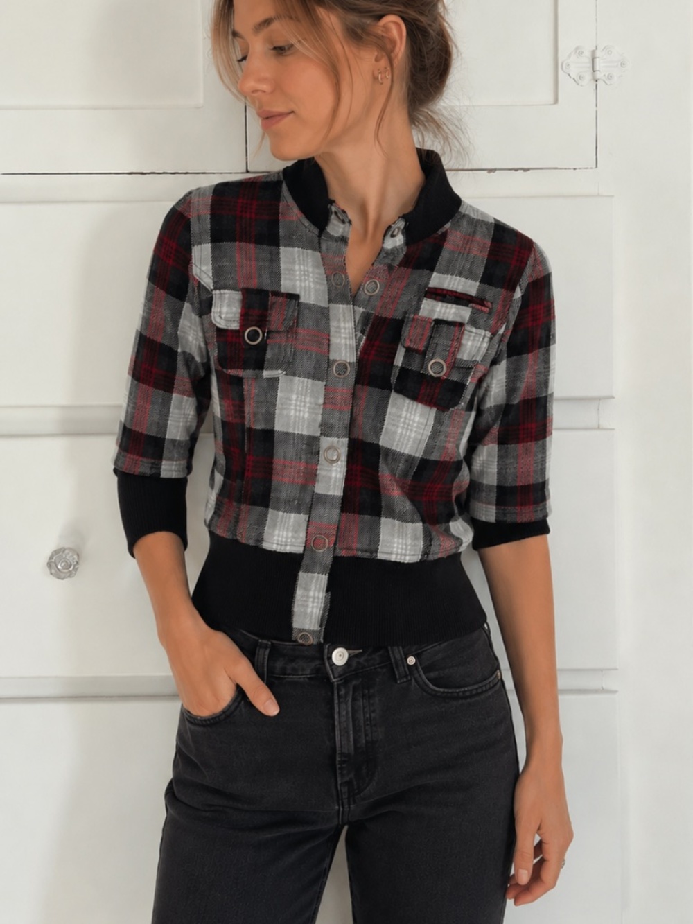 Y2K Wet Seal Plaid Fitted Jacket Ribbed Trim Large